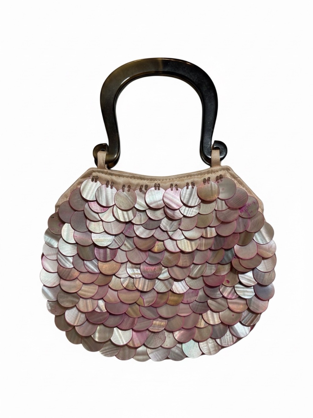 Iridescent Pink Shell Sequin Handbag with Acrylic Tortoise Shell Handle
